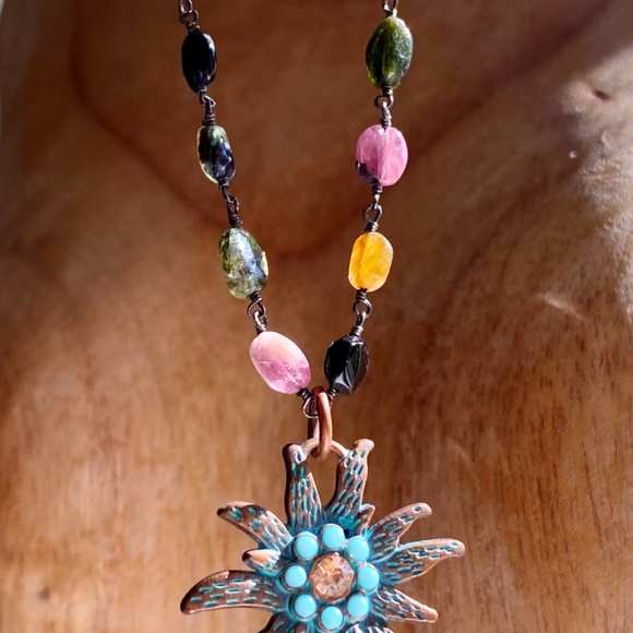Genuine Multicolor Tourmaline Gemstone Turquoise Sun Necklace - Picture 8 of 8